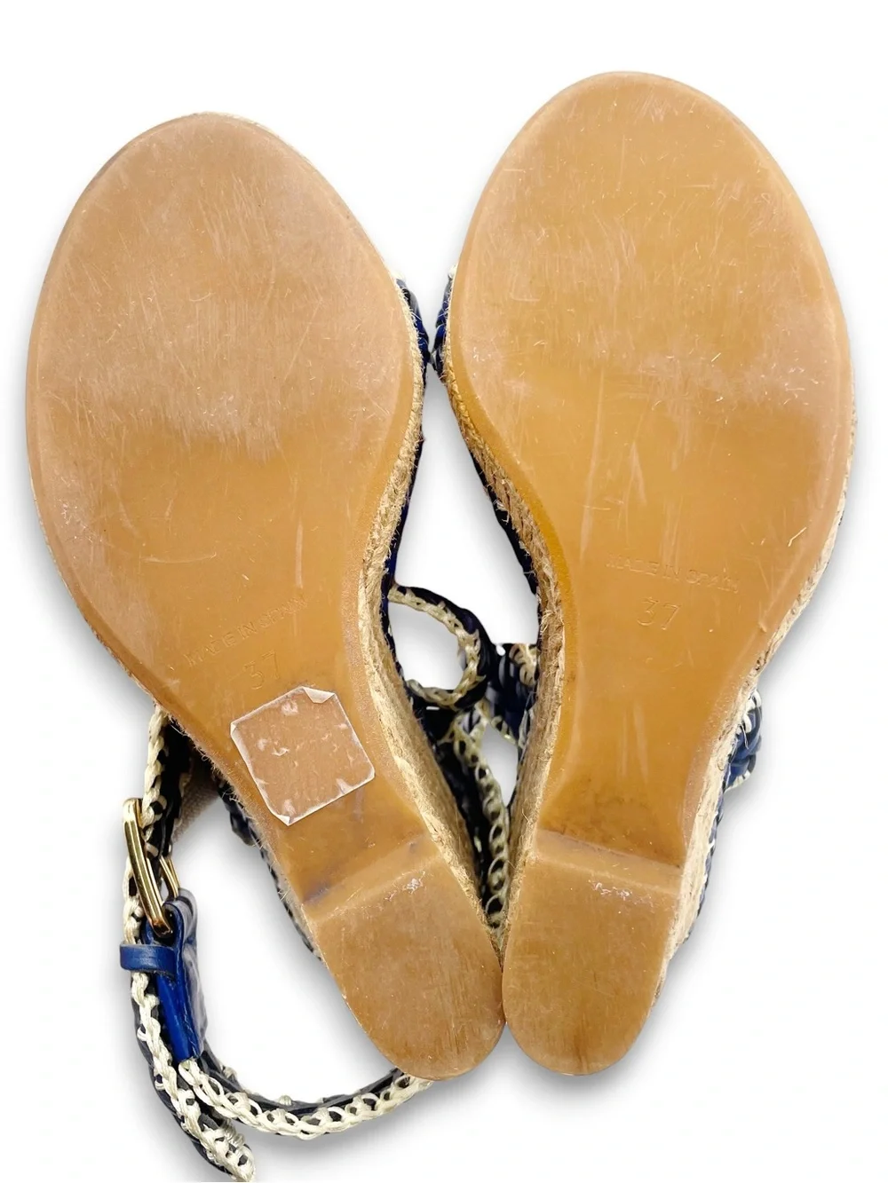 Tory Burch Lilah Espadrille Wedge Sandals Size 37 Cobalt Natural Braided Leather